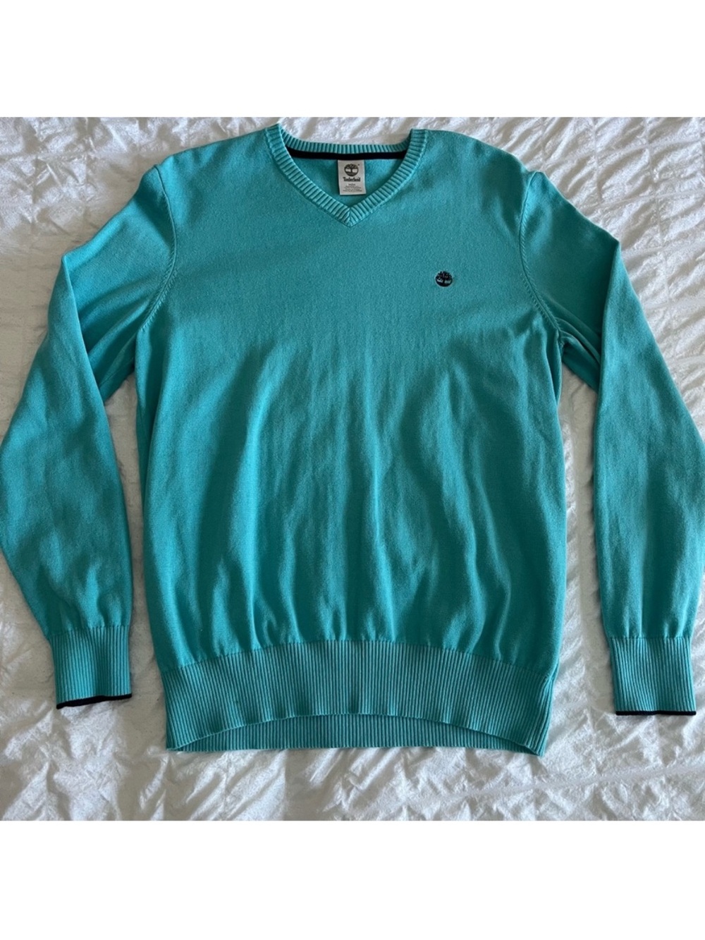 Timberland Men's Medium Cotton Teal V-Neck Long Sleeve Pullover Sweater